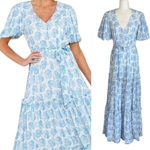 NWT Red Dress Boutique Aura White Blue Floral Tie Waist Puff Sleeve Maxi Dress S